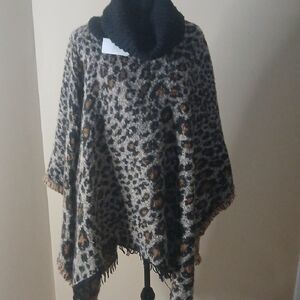 Time and Tru Leopard Print Poncho with Black Cowl Neck